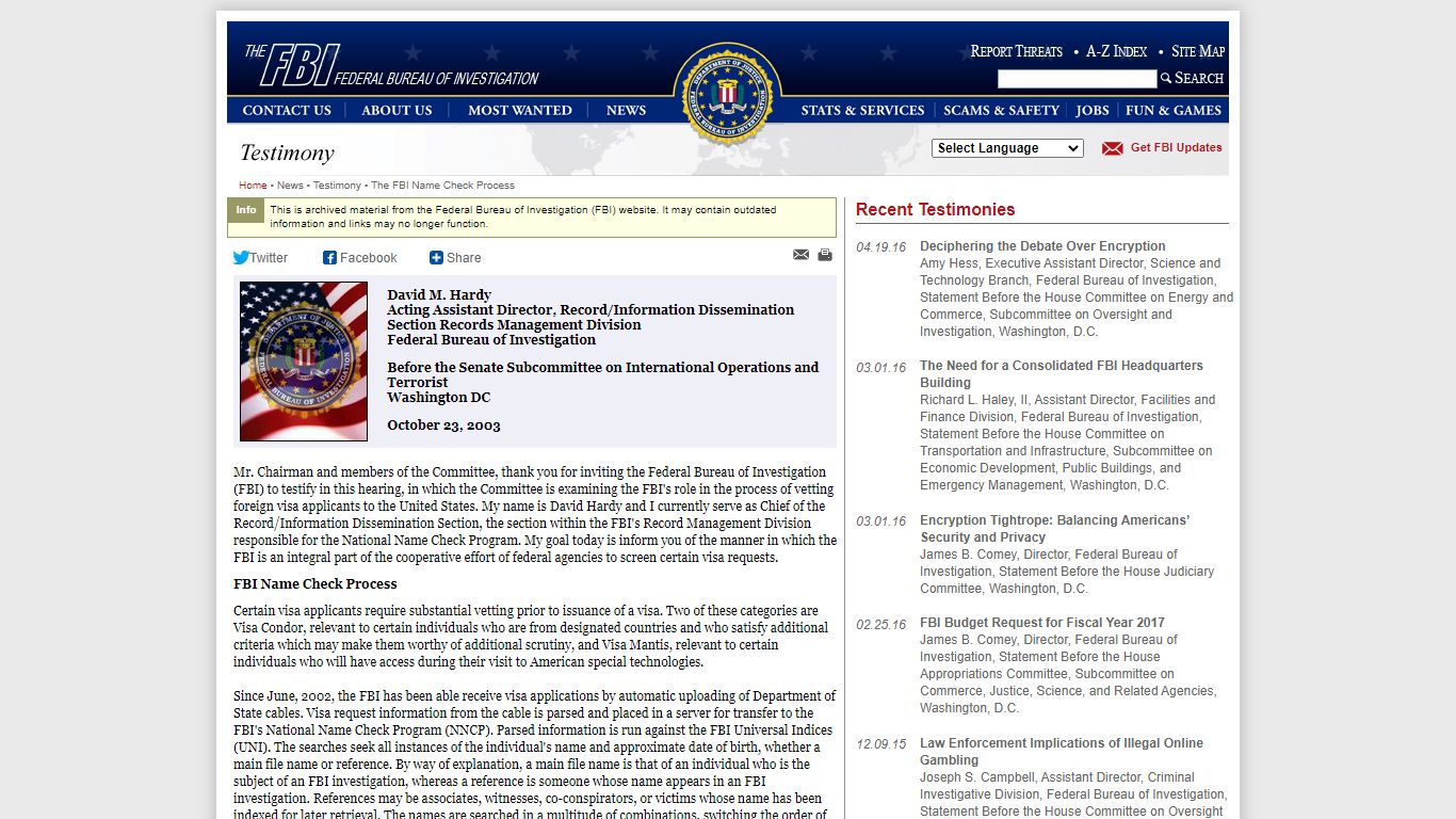 FBI — The FBI Name Check Process